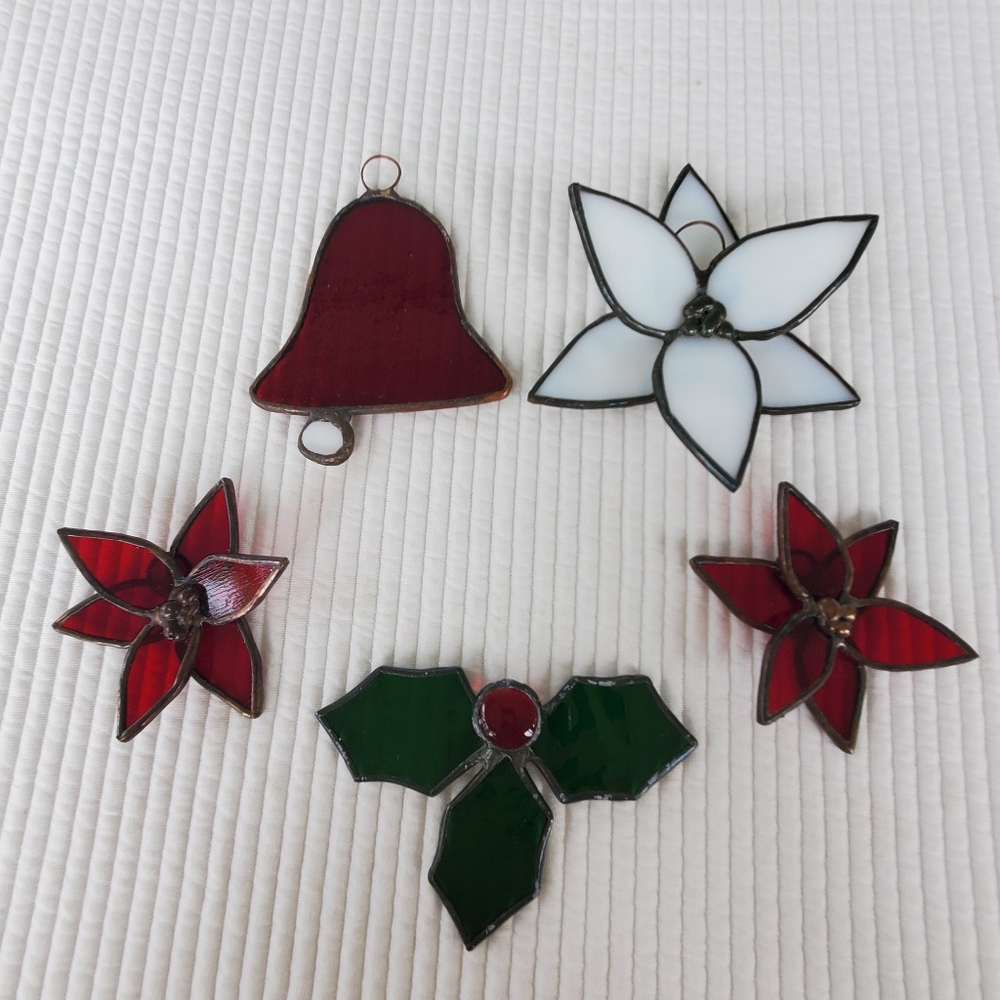 5 Handmade Clear Lead Stain Glass Christmas Ornaments Vintage Holly Bell Flower